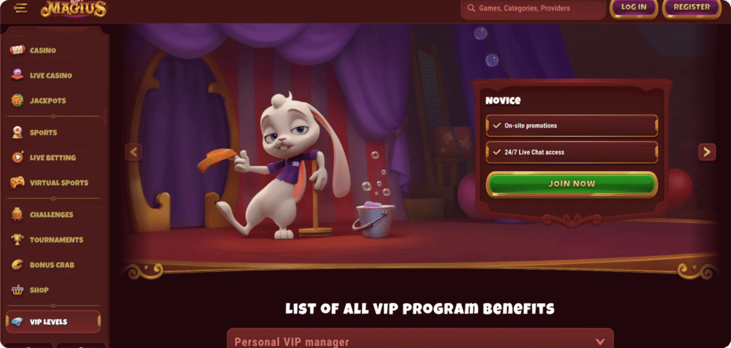 Magius screenshot van de vip pagina