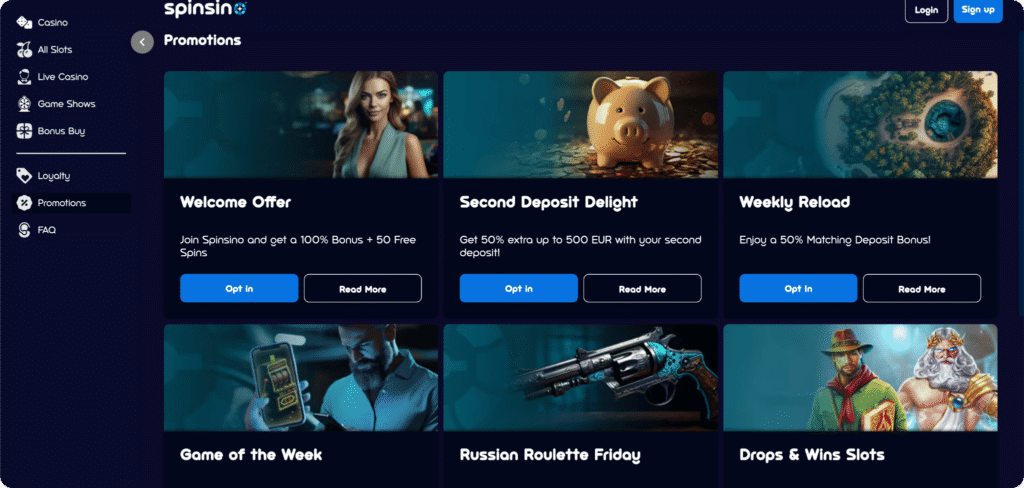 Spinsino screenshot van de bonuspagina